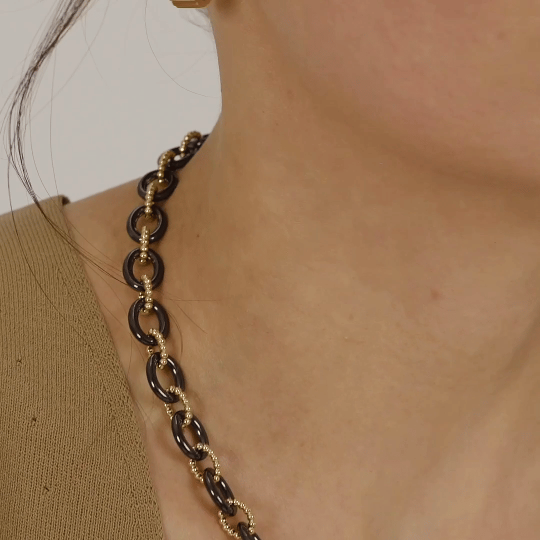 14K Yellow Gold Black Ceramic Oval Link Chain Necklace with