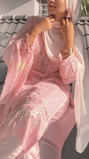 Pink Rose Embroidered Kurta Pant Set
